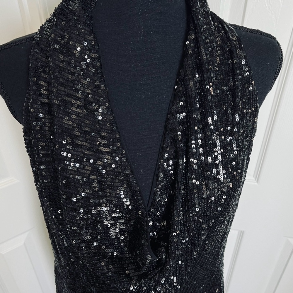🩷 Rachel Roy Black Sequined Sleeveless Jumpsuit Lined Cowl Neck Romper Size 14